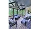 Inviting screened porch with vaulted ceiling, comfortable seating, and ceiling fan overlooking the backyard at 1076 Pinyan Ln, Canton, GA 30115