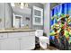 This is a full bathroom with a stand alone vanity, toilet and decorative shower curtain at 92 Creek Front Way, Lawrenceville, GA 30043