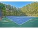 Community tennis court showcasing blue and green surface and surrounded by a green forest at 384 Parc River Blvd, Lawrenceville, GA 30046