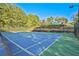 Well-maintained community tennis court with green and blue surface and surrounding wooded landscape at 384 Parc River Blvd, Lawrenceville, GA 30046