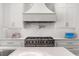 A close-up of a kitchen with high-end stainless steel range, custom vent hood, and beautiful white quartz countertops at 3215 Oxleas Ct, Cumming, GA 30041