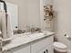 Elegant powder room featuring a granite countertop, modern fixtures, and stylish decor at 85 Lawson St, Buford, GA 30518