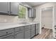 Updated kitchen showcasing stainless steel appliances and gray cabinetry with ample natural light at 201 Rustin Dr, Dallas, GA 30157