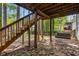 Wonderful backyard with mature trees, wooden stairs, a patio, and a swing perfect for relaxation and enjoying the outdoors at 1200 Taylor Oaks Dr, Roswell, GA 30076