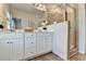 Modern bathroom features a double vanity, large mirror, glass-enclosed shower, and wood-look floors at 3677 Sorrel Ln, Duluth, GA 30096
