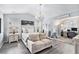 Comfortable bedroom features a chandelier, desk area, neutral color palette, and hardwood floors at 4440 Spring Mtn Ln, Powder Springs, GA 30127