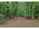 The backyard is a lush green space with mature trees that offers privacy and a peaceful setting at 2895 Shurburne Dr, Alpharetta, GA 30022