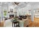Open concept living room with stone fireplace, hardwood floors, and easy access to kitchen and dining at 4675 Lakeway Pl, Alpharetta, GA 30005