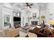 Spacious living area with coffered ceiling, stone fireplace, and large windows offering ample natural light at 4675 Lakeway Pl, Alpharetta, GA 30005