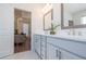 Elegant bathroom showcasing a double vanity with modern sinks and stylish gray cabinets at 107 Iveybrooke Ln # 58, Alpharetta, GA 30009