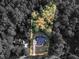 Aerial shot in black and white focusing on the property surrounded by green trees, with a concrete driveway at 124 Williams Blf, Mcdonough, GA 30252