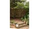 Cozy backyard featuring a brick patio, mature trees, and decorative outdoor lighting at 4228 Durham Cir, Stone Mountain, GA 30083