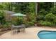 Inviting backyard pool area with outdoor dining, lush landscaping, and a relaxing ambiance at 4228 Durham Cir, Stone Mountain, GA 30083