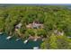 Aerial view of lakefront homes nestled amongst trees, each with a private dock at 5635 Cherokee Trce, Cumming, GA 30041