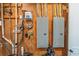 Utility room with electrical panels, wiring, and visible pipes on plywood walls at 5635 Cherokee Trce, Cumming, GA 30041