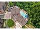 Aerial view of a community with swimming pool, lush greenery, and surrounding residences, showcasing the neighborhood layout at 200 River Vista Dr # 401, Atlanta, GA 30339