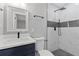 Modern bathroom showcasing a marble tile shower and navy vanity at 622 Saddlewood Dr, Lawrenceville, GA 30043