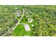 Scenic aerial view of the property, showcasing the home, arena, and wooded surroundings at 1200 Old Lathemtown Rd, Canton, GA 30115