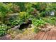 Close up of a backyard water feature with stone surround and lush plants at 2930 Winchester Dr, Cumming, GA 30041