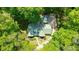 Aerial view of a private wooded lot featuring a ranch style house with a detached garage at 2795 Autumn Dr, Canton, GA 30115