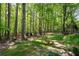 Private backyard with serene landscaping, stone benches, mature trees, and lush greenery at 247 Shallowford Nw Rd, Kennesaw, GA 30144