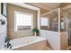 Bright bathroom with a garden tub, glass-enclosed shower, and large windows at 4828 Planters Walk, Douglasville, GA 30135