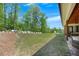 View of the backyard including an outdoor seating area, green grass, and the tree line that backs up to the property at 247 Terrace View Dr, Acworth, GA 30101