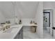 Modern bathroom with walk-in shower, and grey vanity with white countertop and gold hardware at 247 Terrace View Dr, Acworth, GA 30101