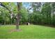 Lush backyard area featuring a large, mature tree and a storage shed, enclosed by a chain link fence at 1830 Lost Mountain Rd, Powder Springs, GA 30127