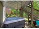 Outdoor hot tub situated beneath a covered patio with access stairs at 544 Pine Way, Dallas, GA 30157