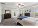 Enjoy this primary bedroom with tray ceilings, ensuite bath, carpet, and bright windows with wooded views at 6435 Privet Way, Cumming, GA 30028