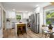 Modern kitchen featuring stainless steel appliances, white cabinetry, and a center island with bar stools at 2358 Larchwood Sw Rd, Atlanta, GA 30310