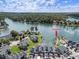 An aerial view of beautiful waterfront property with a private boat dock at 14020 Tributary Ln, Villa Rica, GA 30180