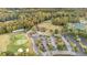 This aerial showcases the golf course, clubhouse, parking, and practice fields surrounded by trees at 900 Fox Croft Pl, Canton, GA 30114