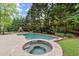 Backyard features a stone patio, in-ground pool, integrated spa, and an outdoor stone fireplace at 770 Pine Leaf Ct, Alpharetta, GA 30022