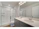 Modern bathroom featuring double sinks, gray cabinetry, quartz countertop, and glass shower at 3145 Washburn Sw St, Atlanta, GA 30354