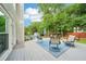 Spacious deck with outdoor seating, a blue rug, and a view of a lush green yard with a pool at 725 Crab Orchard Ct, Roswell, GA 30076