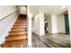 Inviting entryway featuring hardwood floors, staircase, and glimpses of the kitchen at 11 Plymouth Ct, Kingston, GA 30145
