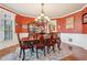 Formal dining room with red walls, chair rail, and chandelier at 4802 Moon Chase Dr, Buford, GA 30519