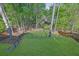 Aerial view of a landscaped backyard featuring new grass and a wooded perimeter at 823 Valley Dr, Canton, GA 30114
