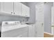 Functional laundry room with washer, dryer, and storage cabinets at 823 Valley Dr, Canton, GA 30114