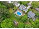 Aerial shot of a home's backyard with a pool, large lawn, and mature trees, ideal for outdoor living at 2724 Saddle Ridge Lake Dr, Marietta, GA 30062