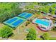 A bird's eye view of neighborhood amenities including tennis courts, pool, playground, and common areas at 702 Village Field Ct, Suwanee, GA 30024