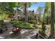 A flag flies over the backyard with a fire pit circled by Adirondack chairs and lush landscaping at 1050 Signal Pointe, Alpharetta, GA 30005