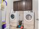 Efficient laundry room featuring modern washer and dryer units, cabinets, and organized cleaning supplies at 3780 Casual Ridge Way, Loganville, GA 30052
