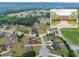 Aerial neighborhood shot showcasing lush green landscapes with an inset of the featured home at 401 Sara Ct, Loganville, GA 30052