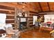 Warm living room with stone fireplace, wood-paneled walls and ceiling, and comfortable seating at 6503 Old Macon Hwy, Rex, GA 30273