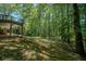 View of the backyard from under the deck surrounded by wooded area, offering privacy and a peaceful setting at 4320 Royal Mustang Way, Snellville, GA 30039