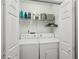 Convenient laundry room with washer, dryer, storage shelves, and all white painted walls and door at 734 Frasier Se Cir, Marietta, GA 30060