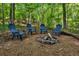 Cozy firepit area surrounded by blue Adirondack chairs, nestled in a wooded backyard at 4094 Norton Se Pl, Smyrna, GA 30082